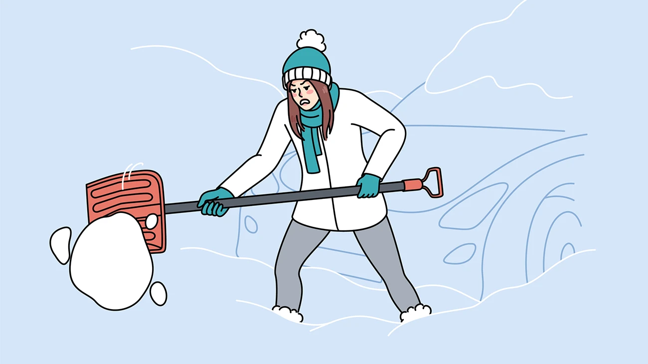 Unhappy tired woman with shovel dig out car from snow on winter morning. Mad female clean automobile covered with snow after blizzard. Stormy weather condition. Vector illustration.