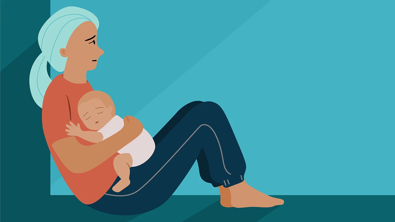 Fatigue mother sitting and hold her baby at home. Postpartum Anxiety and depression concept, flat vector illustration.